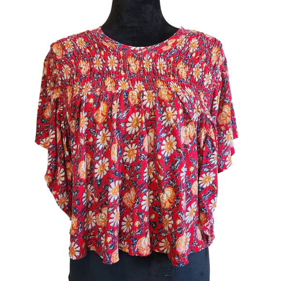 Free People Tops - Free People Ruffles Up Shirt Women L Floral Linen Blend Crop Flutter Sleeve Boho